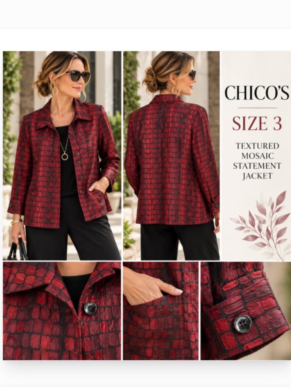 Chico's Size 3 XL Burgundy Red Black Textured Mosaic Statement Jacket
